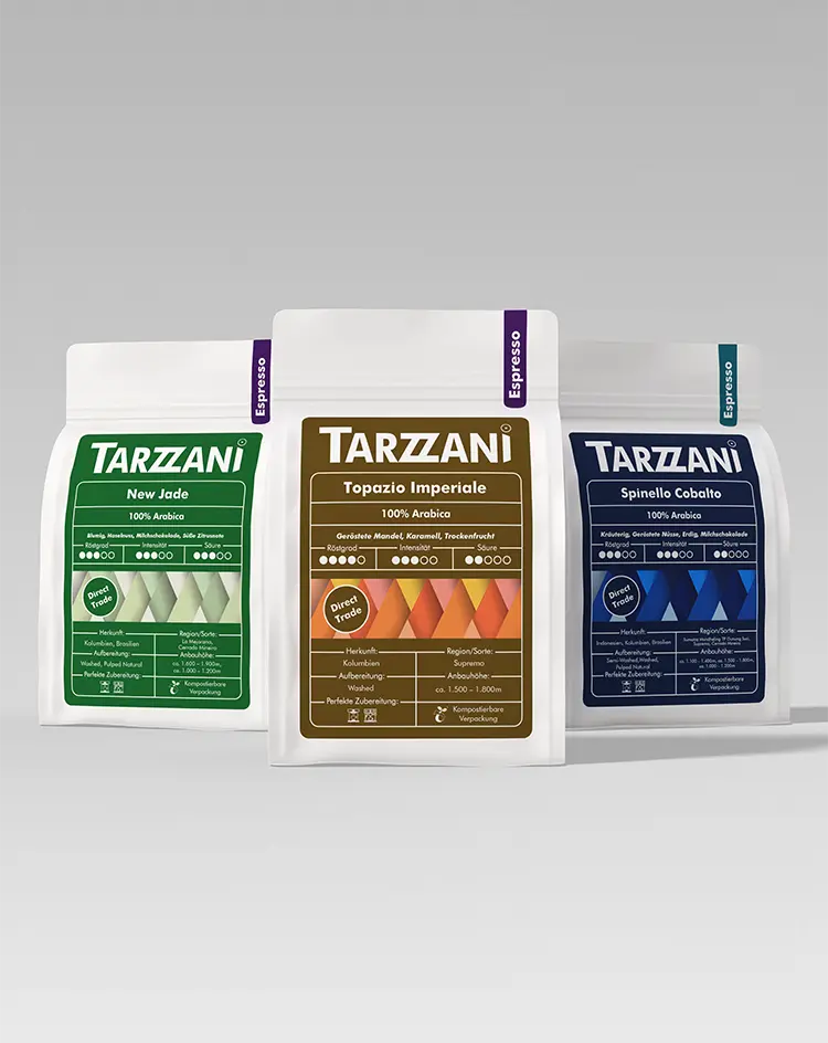 Tarzzani Espresso Probierset Eleganza - 3 Sorten inkl. Decaf, frisch gerösteter Specialty Coffee