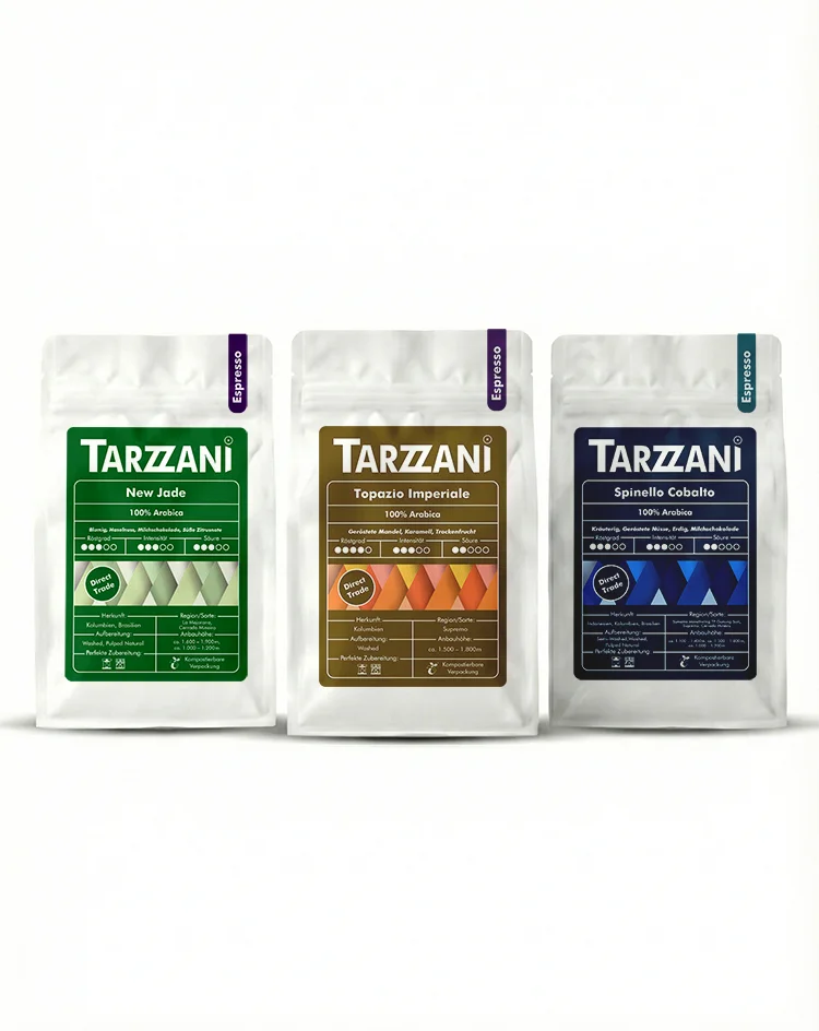 Tarzzani Espresso Probierset Eleganza - 3 Sorten inkl. Decaf, frisch gerösteter Specialty Coffee