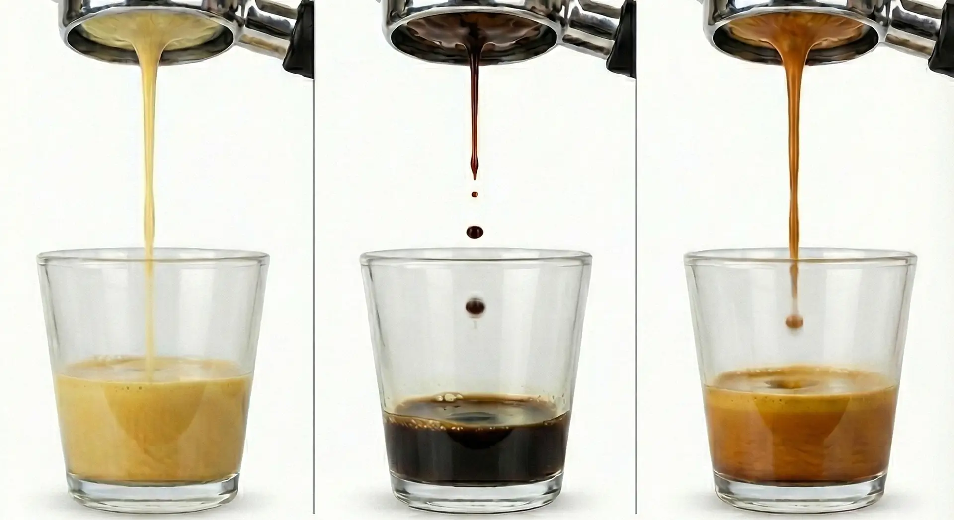 Drei nebeneinanderliegende Gläser zeigen den Vergleich von Espresso-Extraktionen mit einem bodenlosen Siebträger: links unterextrahiert (sehr hell und wässrig), in der Mitte überextrahiert (sehr dunkel und tröpfelnd) und rechts ideal extrahiert (gleichmäßiger Strahl mit haselnussbrauner Crema).